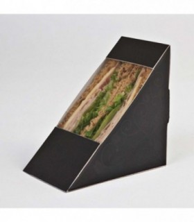 Envase sandwich cartón triangular negro con ventana 12,3 x 7,2 x 12,3 cm