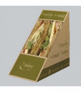 Envase sandwich doble cartón triangular khaki con ventana 12,3 x 7,2 x 12,3 cm