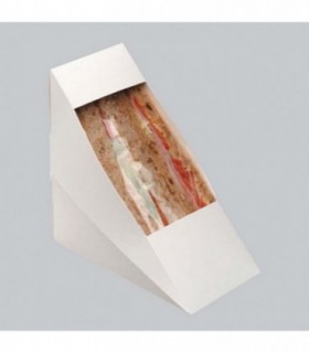 Envase sandwich doble cartón triangular blanco con ventana 12,3 x 7,2 x 12,3 cm