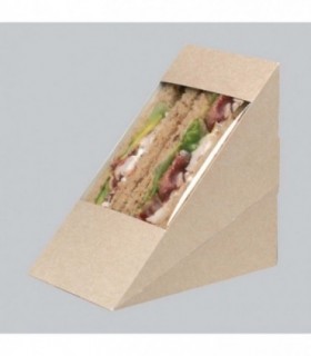 Envase sandwich doble cartón triangular kraft con ventana 12,3 x 7,2 x 12,3 cm