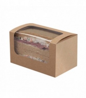 Envase sandwich doble cartón rectangular kraft con ventana 12,5 x 7,7 x 7,2 cm