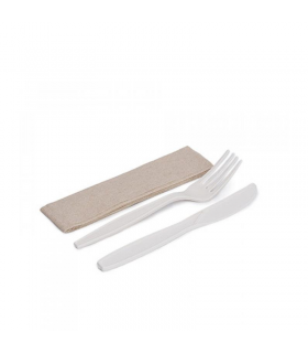 Kit cubiertos 3/1 tenedor 17.5 cm, cuchillo 18 cm y servilleta blanca de PLA blanco