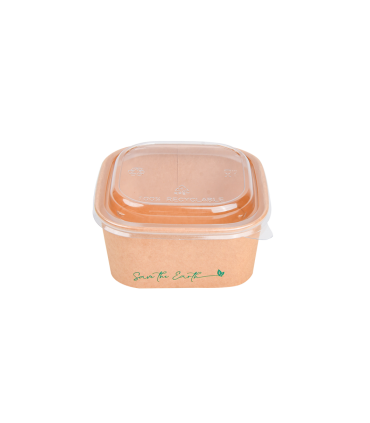Combo bol cuadrado 13,0 x 13,0 x 6,0 cm 22 oz / 650 ml kraft 300 + PE 18 g/m² + tapa rPet antivaho