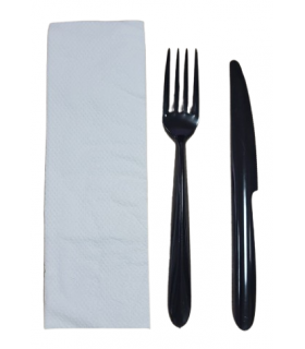 Set 3/1: Tenedor y cuchillo PS negros 15,0 cm + servilleta blanca