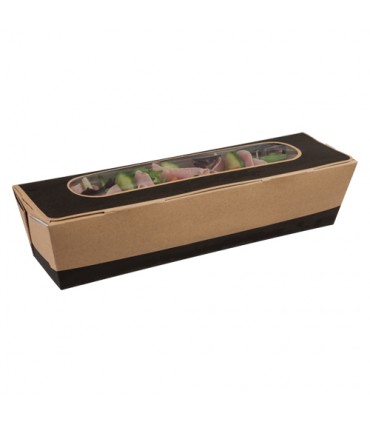 Envase bocadillo cartón rectangular gris oscuro con ventana 27,4 x 8 x 6,2 cm
