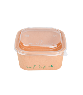 Bol cuadrado 17,0 x 17,0 x 6,5 cm 50 oz / 1.300 ml kraft 300 + PE 18 g/m² + tapa rPet antivaho