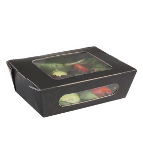 Envase de cartón negro / blanco con tapa bisagra y ventana 20,0/18,0 x 12,0/10,0 x 5,0 cm 100 cl