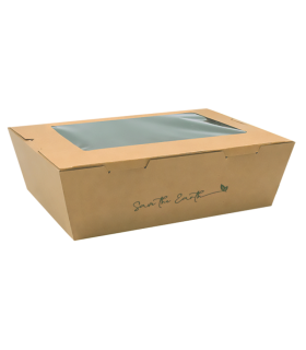 Envase de cartón kraft 337 + PE 18 g/m² con tapa bisagra y ventana 19,5 x 14,0 x 6,5 cm 2.100 ml