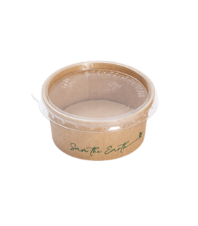 Mini tarrina para salsas Ø 6,5 x 3,0 cm 60 ml kraft 230 + PE 18 g/m² con tapa rPET