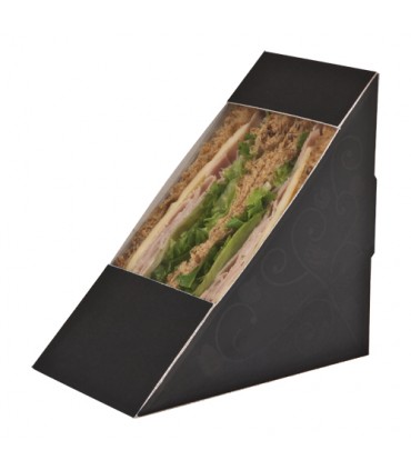 Envase sandwich doble cartón triangular negro con ventana 12,3 x 7,2 x 12,3 cm